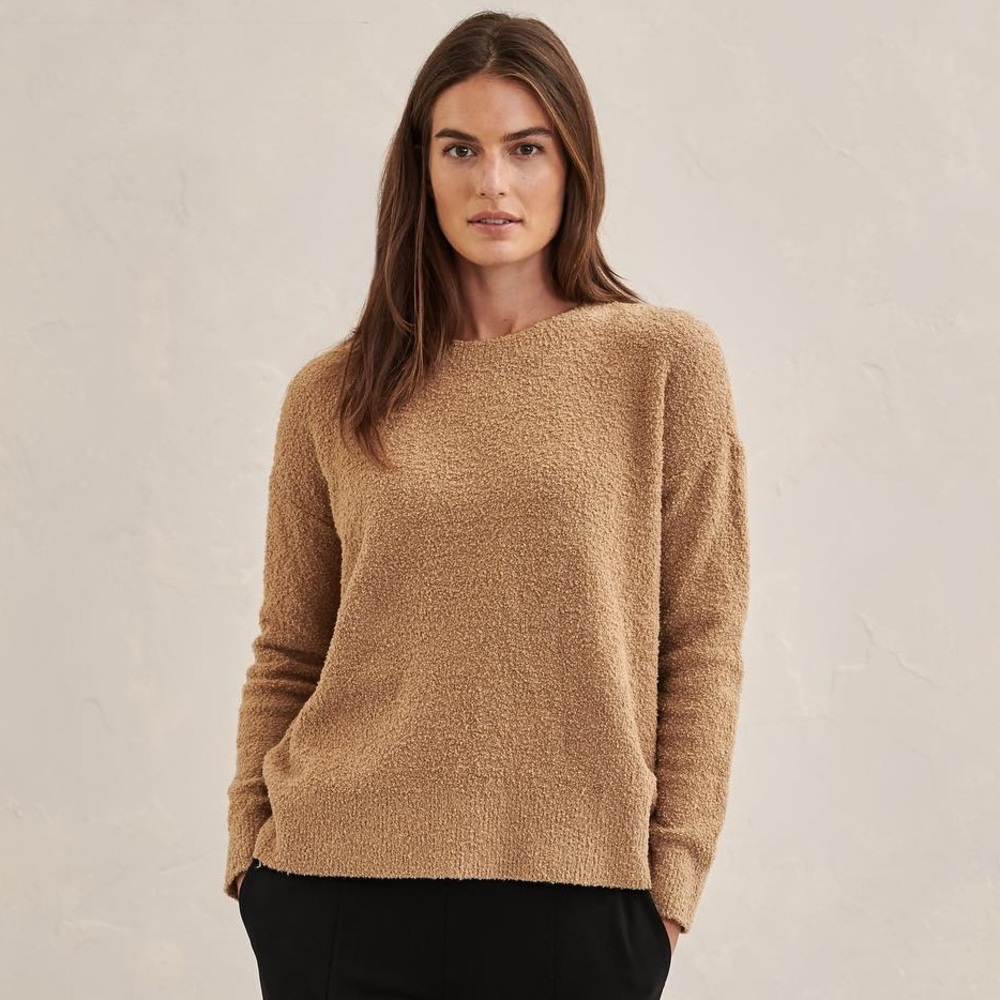 EILEEN FISHER NWT L Organic Cotton Boucle Crew Neck Box-Top in Honey Tan